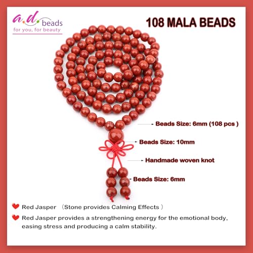 AD Beads 6mm 8mm 108 Prayer Mala Jasper Elastic Bracelet - Handmade Yoga Meditation Healing Power Energy Gifts for Unisex Adult. - color: Red Jasper(Calming)