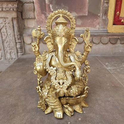 Brass Ganesha Statue 12.5 Inch Large Handmade Lord Ganesh Idol for Home Temple Decor Hindu Religious Brass Murti Spiritual Gift