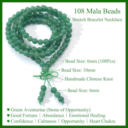 108 Mala Beads Stretch Bracelet 6mm Natural Gemstone Prayer Beaded Necklace - color: Green Aventurine
