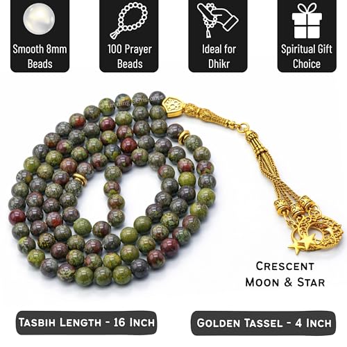 Amazing Gemstone Crystal Tasbeeh with Moon and Star Charm - Certified Crystal Muslim Prayer Beads Natural Gemstone Tasbih Gift for Ramadan Dhikr and Daily Namaz (G) - color: Dragon Bloodstone