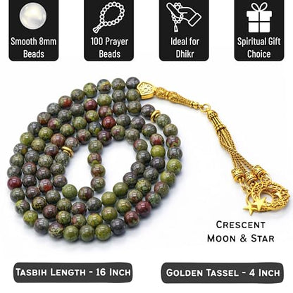 Amazing Gemstone Crystal Tasbeeh with Moon and Star Charm - Certified Crystal Muslim Prayer Beads Natural Gemstone Tasbih Gift for Ramadan Dhikr and Daily Namaz (G) - color: Dragon Bloodstone