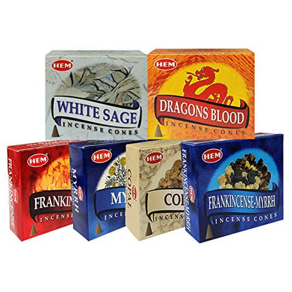 Hem Incense Cones Variety Pack #4 and Inscents-Cones Burner Holder with 6 Most Popular Fragrances - Dragons Blood, Frankincense, Myrrh - Total 60 Scented Cone Incense (6 Scents x 10 Conos) - color: Popular 6b