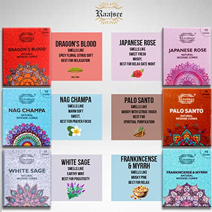 Raajsee Natural Incense Cones,6 Pack Mixed Scents Gift Pack 15 pc Each (90 Total), Insense Cones Variety Pack, 100% Organic Non Toxic Natural - Hand Rolled Free from Chemicals (Pack 2) - color: Pack 2