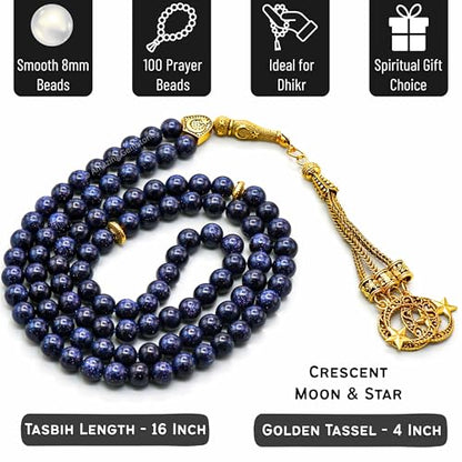 Amazing Gemstone Crystal Tasbeeh with Moon and Star Charm - Certified Crystal Muslim Prayer Beads Natural Gemstone Tasbih Gift for Ramadan Dhikr and Daily Namaz (G) - color: Blue Goldstone