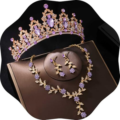 Kamirola Tiaras and Crowns for Women,Tiaras Earrings Necklace, Crystal Bridal Jewelry Set, Costume Party Halloween Prom Pageant Jewelry for Women(TR45) - color: Gold Purple