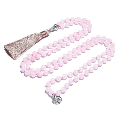 108 Mala Prayer Beads Necklace Natural Stones Meditation Yoga Jewery 108 Hand Knotted Japa Mala Beaded Long Tassel Necklace with Tree of Life Pendant for Men and Women - color: 8mm Rose Quartz