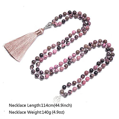 108 Mala Prayer Beads Necklace Natural Stones Meditation Yoga Jewery 108 Hand Knotted Japa Mala Beaded Long Tassel Necklace with Tree of Life Pendant for Men and Women - color: 8mm Rhodolite