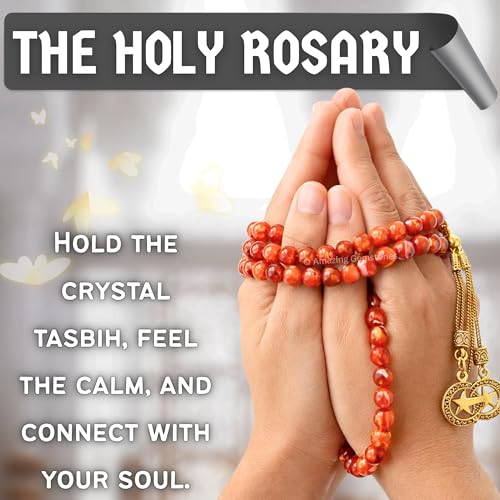 Amazing Gemstone Crystal Tasbeeh with Moon and Star Charm - Certified Crystal Muslim Prayer Beads Natural Gemstone Tasbih Gift for Ramadan Dhikr and Daily Namaz (G) - color: Red Banded Agate