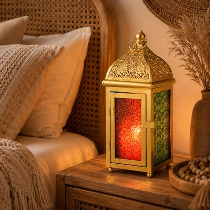 TRIROCKS 12 Inch Gold Moroccan Candle Lantern, Metal Hanging Candle Holder - size: 5*12"H