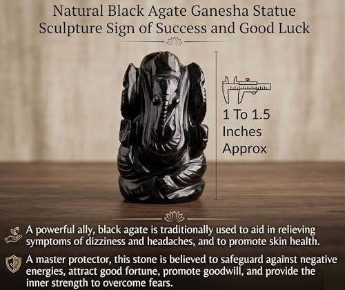 Natural Black Agate Gemstone Ganesha Statue Sculpture Sign of Success and Good Luck. - color: Black Agate Ganesh