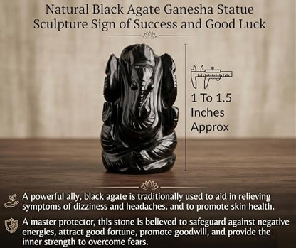 Natural Black Agate Gemstone Ganesha Statue Sculpture Sign of Success and Good Luck. - color: Black Agate Ganesh