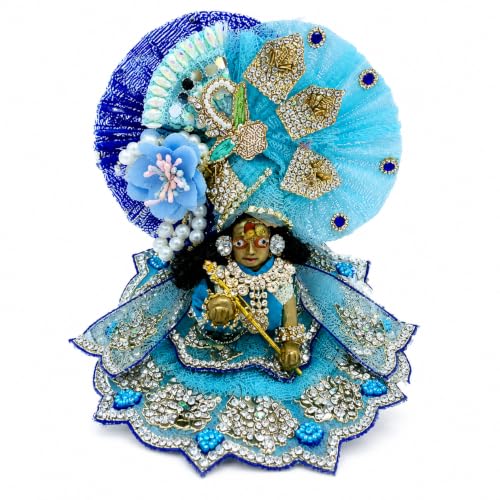 DREEMOH GOD'S TREAT Kanha Ji Zardozi Poshak – Silk Net Designer Dress for Krishna Ji | Bal Gopal Dress with Necklace, Pagri, ANG Rakha | Idol Outfit for Thakur Ji (Blue, 6 Inch) - color: Blue, size: Pack of 1 (6 Inch)