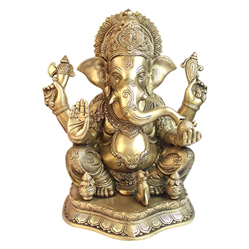 Brass Lord Ganesha Bhagwan Idol on Carved Round Singhasan Mangalkari Ganpati Murti Statue for Home Office Entrance Pooja Height 16 Inch
