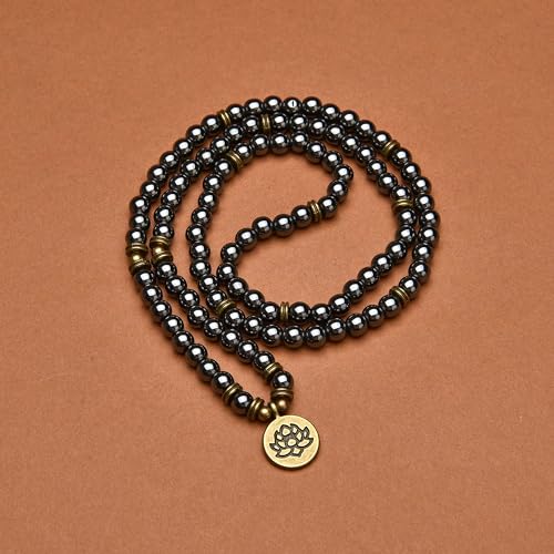 108 Healing Mala Beads Bracelet or Necklace with Gold Lotus Charm - style: Hematite