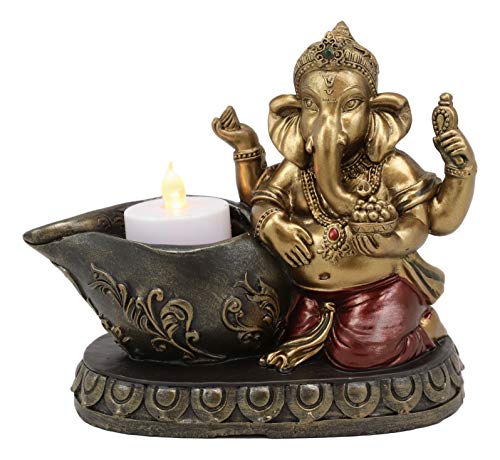 Ebros Gift Lord God Ganesha Chaturthi Avatar with Modaka Bowl of Sweets Kneeling by Well Votive Candle Holder Figurine 9.25" Long Ganesh Moon Curse Candleholder Statue