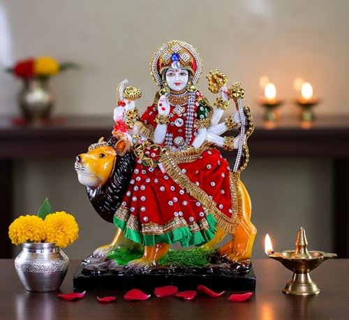 Esplanade Resin Maa Durga MATA Rani Sherawali Murti Idol Statue Sculpture - Multicolour (8 x 11.5 Inches)
