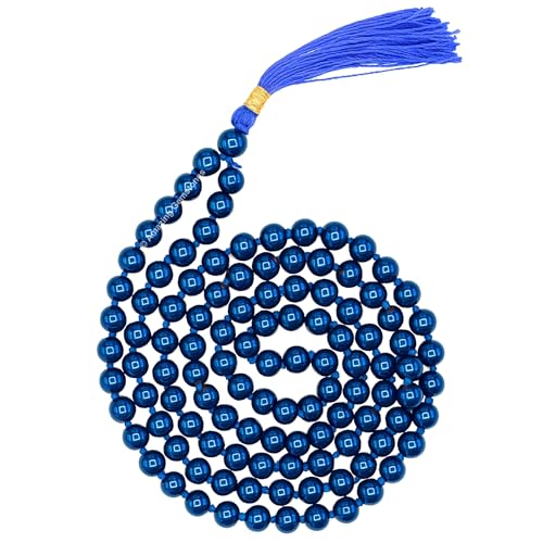 Amazing Gemstone Japa Mala 108 Prayer Beads Necklace and Wrist Mala Bracelet for Meditation - color: Blue Peacock Hematite, size: Hand Knotted