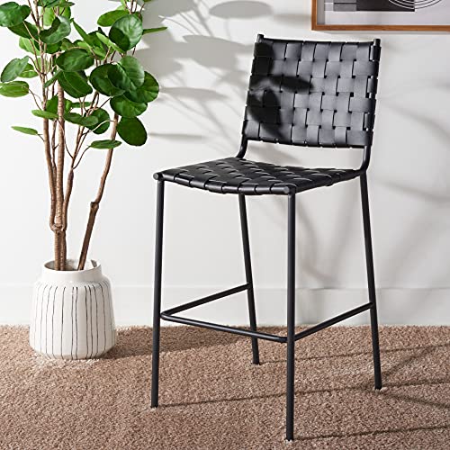 SAFAVIEH Home Collection Bahari Black Woven Leather/Black 26-inch Kitchen Island Breakfast Nook Counter Stool (Fully Assembled) - color: Black