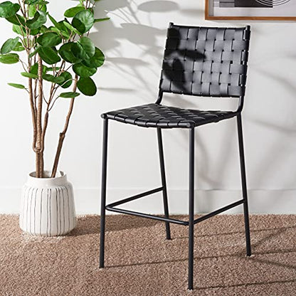 SAFAVIEH Home Collection Bahari Black Woven Leather/Black 26-inch Kitchen Island Breakfast Nook Counter Stool (Fully Assembled) - color: Black