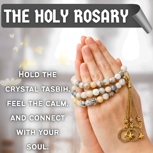 Amazing Gemstone Crystal Tasbeeh with Moon and Star Charm - Certified Crystal Muslim Prayer Beads Natural Gemstone Tasbih Gift for Ramadan Dhikr and Daily Namaz (G) - color: Dendrite Opal