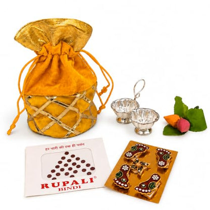 LOVENSPIRE Varalakshmi Vratham Gift Hamper Navaratri Vratha Hindu Religious Teej Karva Chauth Sankranti Pooja Housewarming Return Gifts - Potli Bags Haldi Kumkum Pack & Holder Lakshmi Feet Bindi