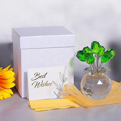 Movdyka Green Crystal Rose Glass Flowers with Vase Figurine Home Decor - color: Green -Crystal Rose