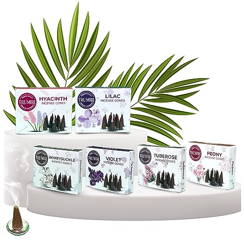 TRUMIRI Blossom Incense Cones - Variety Pack - Total 60 Cone Incense (6 Scents x 10 Conos) - Peony, Lilac, Violet, Honeysuckle, Hyacinth, Tuberose - Cone Incense Scents - Insense Cones - Incent Cone - color: Blossom
