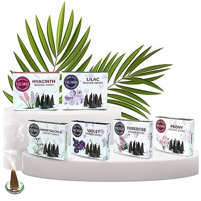 TRUMIRI Blossom Incense Cones - Variety Pack - Total 60 Cone Incense (6 Scents x 10 Conos) - Peony, Lilac, Violet, Honeysuckle, Hyacinth, Tuberose - Cone Incense Scents - Insense Cones - Incent Cone - color: Blossom