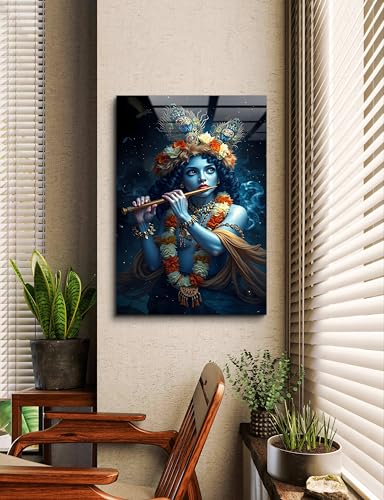 Divine Krishna Playing the Flute Glass Wall Art, Mystical Hindu God Tempered Glass Print, Spiritual Wall Decor, Indian Mythology Modern Artwork, Ready to Hang Meditation Room Decor, Ultra Large Size Options, Unique Housewarming Gift (31.4" x 47.2" İnches)