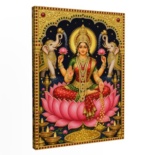 Tela Stories Goddess Lakshmi on Lotus Canvas Wall Hanging Decor for Pooja Room, 12x16 Inches, Portrait, Rectangular, Religious, Unframed - size: 16"L x 12"W