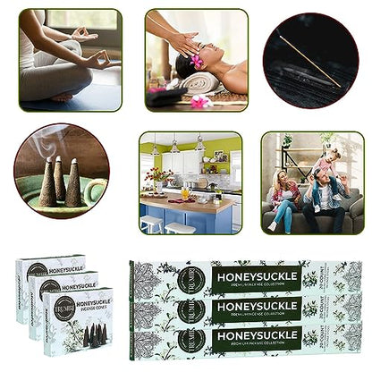 Honeysuckle Incense Sticks & Incense Cones Combo Pack - 60 Insence-Sticks + 30 Insence Cones - Inscense - Incense Cones Scented - Insents - color: Honeysuckle