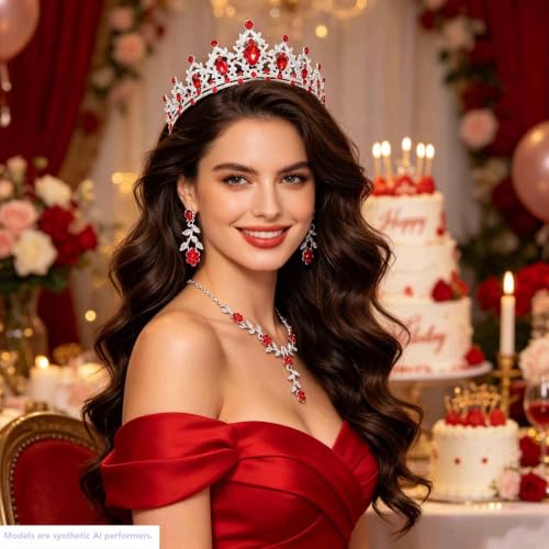 Kamirola Tiaras and Crowns for Women,Tiaras Earrings Necklace, Crystal Bridal Jewelry Set, Costume Party Halloween Prom Pageant Jewelry for Women(TR45) - color: Silver Red