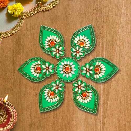Acrylic Deepak Diwali Rangoli with Laxmi Charan Pagla | Diwali Floor Decorations Table Decoration Studded Stones Sequins Traditional Festive Home Door Décor (Design4)