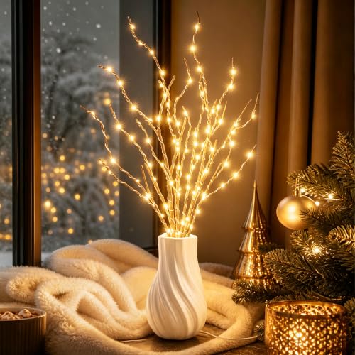100 LED Battery-Operated and USB Operated Branch Lights for Vase Filler, Artificial Lighted Willow Branches, Brown Illuminated Twig Branches for Christmas Home Decor and Indoor Decoration - size: 100LED