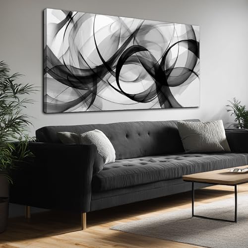 Black and White Abstract Canvas Wall Art Swirl Curved Prints 29x58 In - color: white, size: 29"L x 58"W
