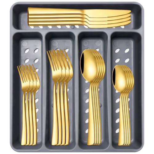 21Pcs Stainless Steel Gold Silverware Set with Organizer Eating Utensil Set - color: Gold