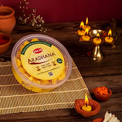 HEM Aradhana Pure Cow Ghee Diya with Batti – Pack of 100 | Ready-to-Use Wax-Free Ghee Wicks for Puja, Aarti & Festivals | 30-Min Burn Time | Pooja Essentials for Home, Temple & Rituals