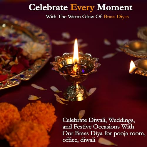 Brass Lotus Akand Diya – Traditional Indian Golden Oil Lamp for Diwali Pooja & Home Temple Decoration, Handmade Engraved Virgin Brass Metal for Thanksgiving & Festivals – (Pack of 1) - size: Large (Pack of 1)
