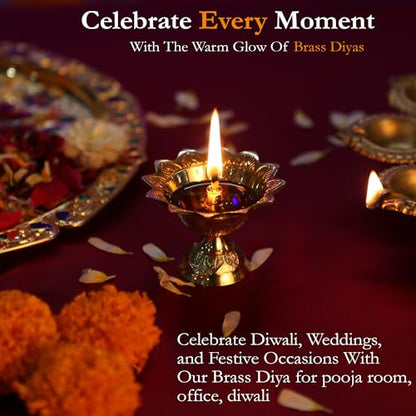 Brass Lotus Akand Diya – Traditional Indian Golden Oil Lamp for Diwali Pooja & Home Temple Decoration, Handmade Engraved Virgin Brass Metal for Thanksgiving & Festivals – (Pack of 1) - size: Large (Pack of 1)