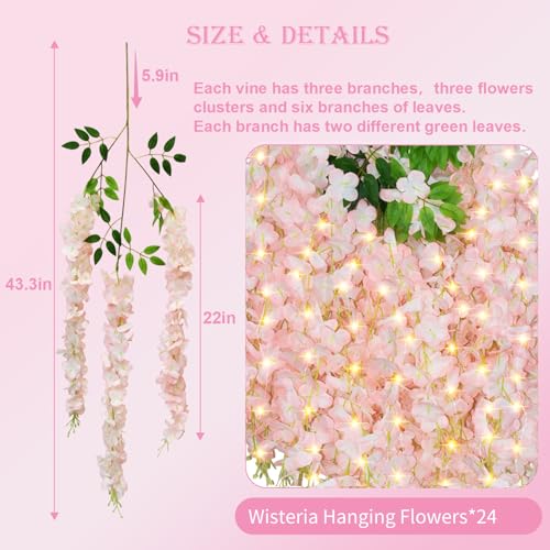 Wisteria Hanging Flowers with Lights, 24 Pcs Artificial Wisteria Garland - color: Light Pink With Lights, size: 24 Pack