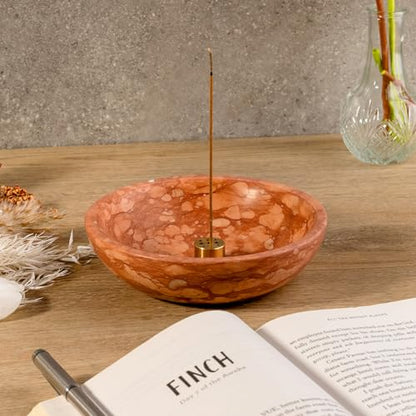 Koville Natural Marble Incense Holder, Incense Holder for Sticks with 9 Holes, Handmade Incense Burner Ash Catcher for Meditation Yoga SPA, Balsam Fir/Palo Santo/Sage/Cone (Red) - color: D=130-red