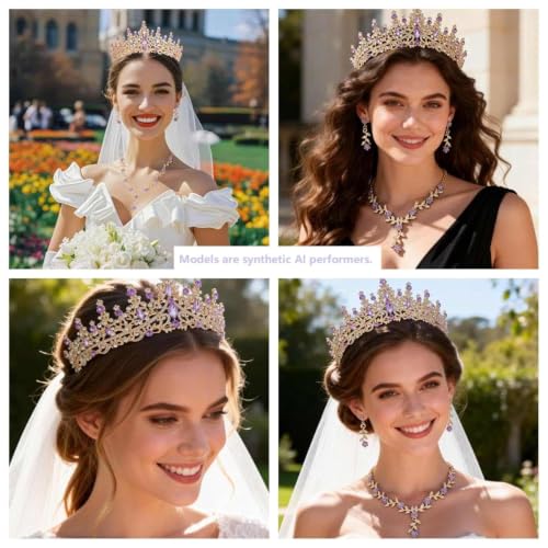 Kamirola Tiaras and Crowns for Women,Tiaras Earrings Necklace, Crystal Bridal Jewelry Set (TR48) - color: Gold Purple