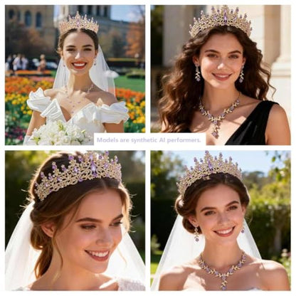 Kamirola Tiaras and Crowns for Women,Tiaras Earrings Necklace, Crystal Bridal Jewelry Set (TR48) - color: Gold Purple