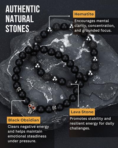Mens Beaded Bracelets, Cross Bracelet for Men with Hematite Black Obsidian Lava Stone Triple Protection Bracelets for Men - size: Small, style: Skull