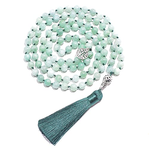 108 Mala Prayer Beads Necklace Natural Stones Meditation Yoga Jewery 108 Hand Knotted Japa Mala Beaded Long Tassel Necklace with Tree of Life Pendant for Men and Women - color: Burma jade