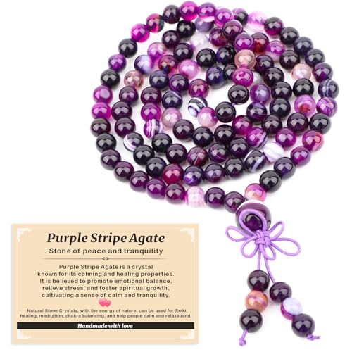 AD Beads 6mm 8mm 108 Prayer Mala Jasper Elastic Bracelet - Handmade Yoga Meditation Healing Power Energy Gifts for Unisex Adult. - color: Purple Stripe Agate(Tranquility)