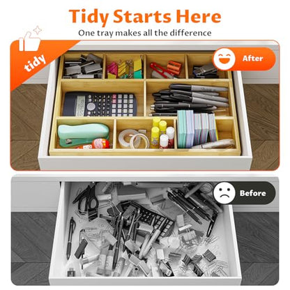 Bamboo Drawer Organizer with 9 Adjustable Compartments, Desk Storage Tray - size: 9 Compartments