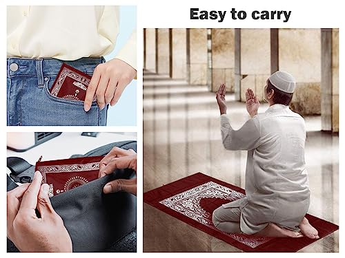 1 Piece Muslim Prayer Rug, Polyester, Portable Travel Prayer Mat with Compass, Red, 60CMx100CM