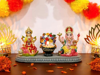 BangBangDa Lakshmi Ganesha Statue with Diya - 4.1" H Polystone Hindu Goddess Laxmi and Ganesa Idol for Diwali/New Year/Birthday/Wedding Gift for Indian Home Temple Mandir Altar Puja Murti Item