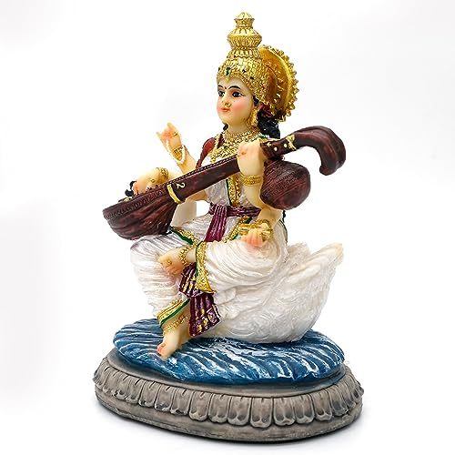 alikiki Indian Gifts Item Saraswati Statue - 5.5”H Saraswati Puja Diwali Gifts Pooja Vasant Panchami Home Office Temple Mandir Altar Yoga Studio Meditation Room Decor India Wedding Housewarming Gifts
